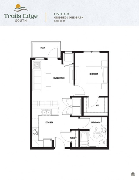 Floor plan for 1 bed, 1 bath, 648 sqft